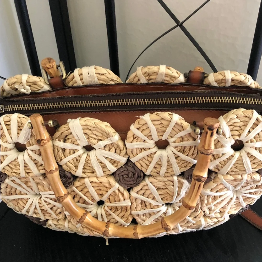 Patricia Nash rare Y2k palmarola satchel Woven Straw bamboo  - Cream & Brown